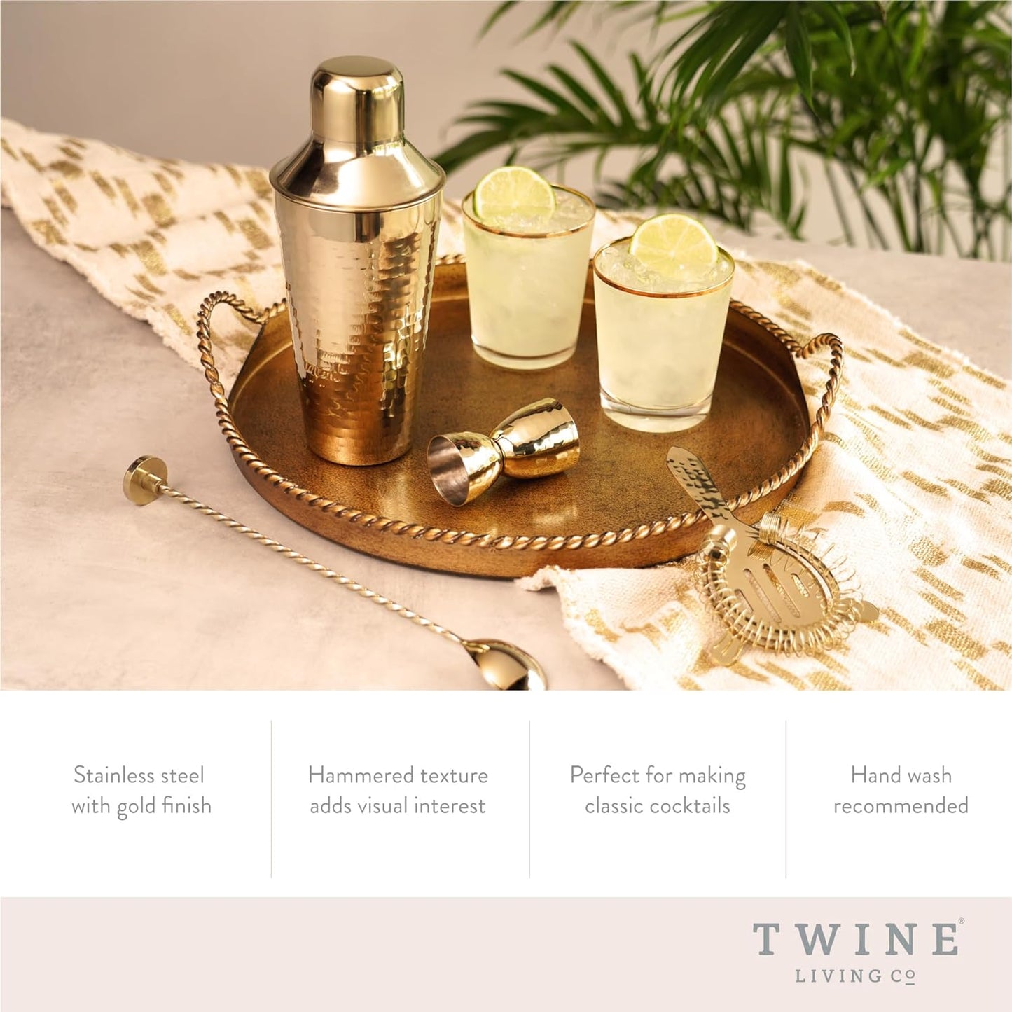 Twine 4-Piece Gold Hammered Cocktail Shaker Set Includes Cobbler Shaker, Strainer, Jigger, Bar Spoon for Classic Cocktails, Mixed Drinks, Cold Brew, Home Bar Tools, Bartender Kit, Bar Cart Accessories