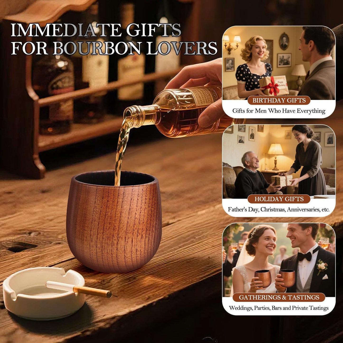 Charred Hardwood Bourbon Glasses Set of 2 - Handcrafted Wooden Whiskey Tumblers with Natural Insulation - Campfire Ready Design & Collector Grade Wood Grain - Perfect Home Bar Gifts