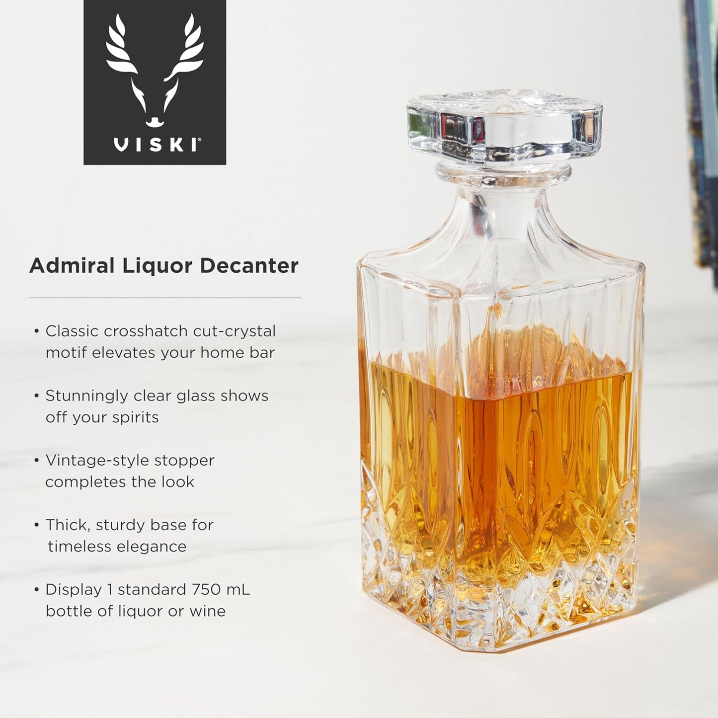 Viski Admiral Whiskey Decanter with Stopper, Elegant Liquor Decanter for Bourbon, Scotch, Spirits, Wedding Gifts, Man Cave Essentials, Home Bar Accessories, 30 oz (887 ml)