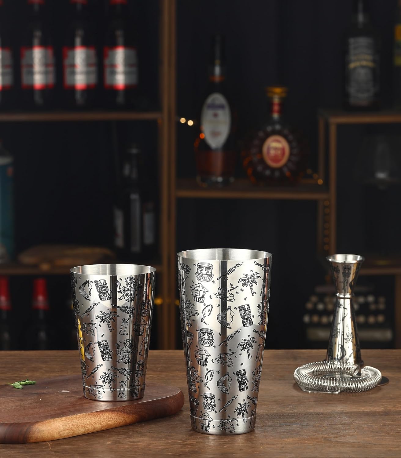 Weighted Boston Shaker Cocktail Shaker Etched with Tiki Imagery (Tiki Graphic)