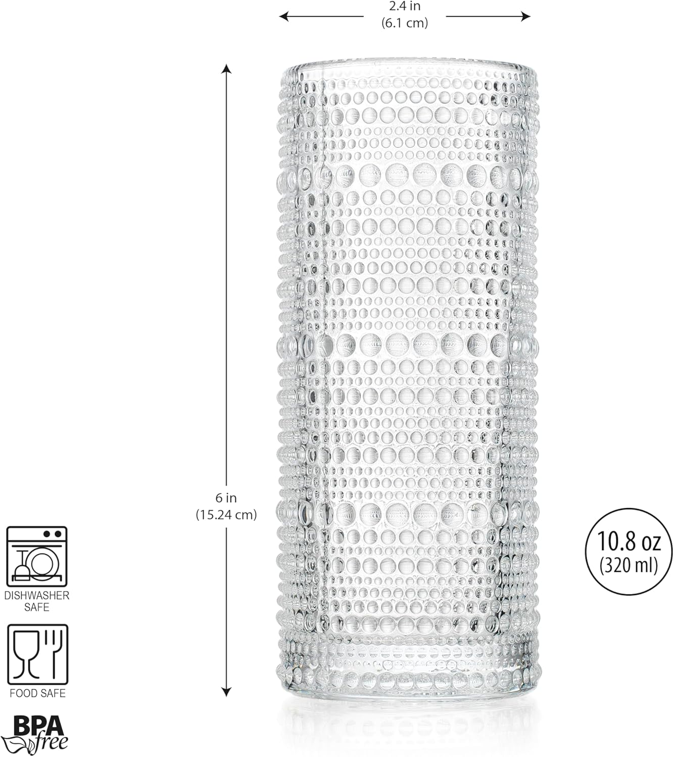 Glaver's Highball Drinking Glasses, 10.82 oz Sleek Hobnail Textured Glassware Modern Tall Tumblers set of 4 Iced Coffee Glasses, Highball Cocktail Set, Dishwasher Safe, Housewarming Gift Set