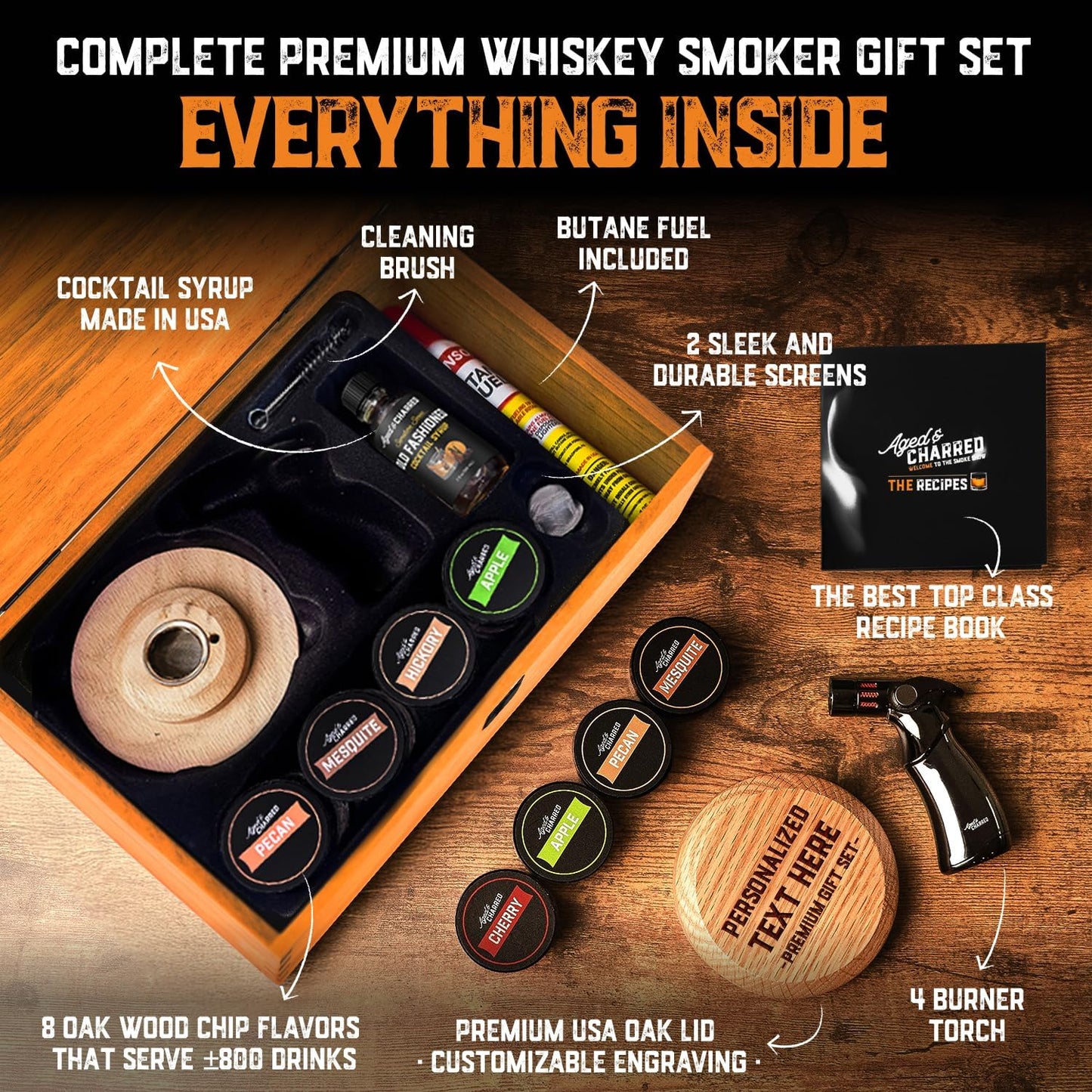 Custom Whiskey Cocktail Smoker Kit with Torch & Wood Chips - Premium Set, USA Oak Smoker - Old Fashioned Cocktail Kit for Whiskey Lovers - Bourbon Gifts for Men - Gift from Wife, Daughter, Son