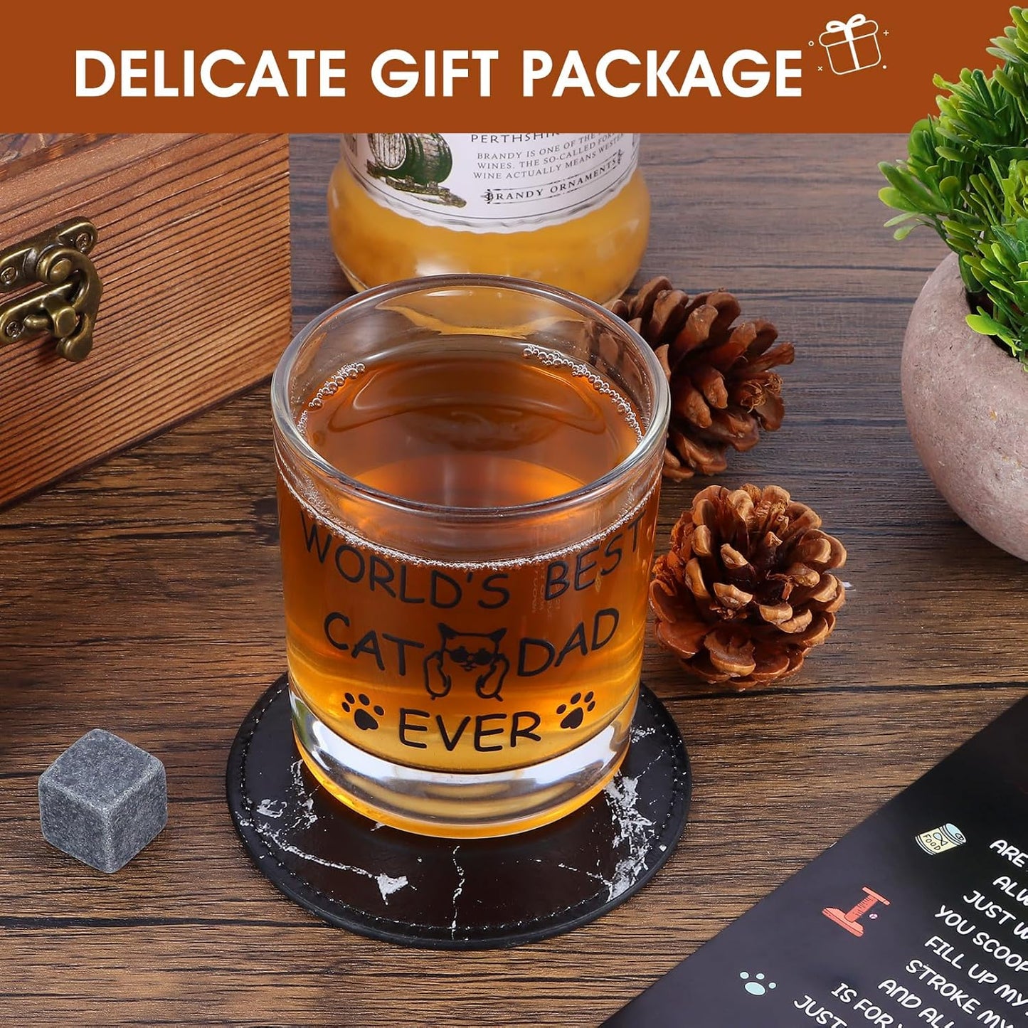Bayelove Cat Dad Gifts, Best Gift for Dad, Gift with 12oz Whiskey Glasses, Stones, Coaster, Wooden Box for Catfather
