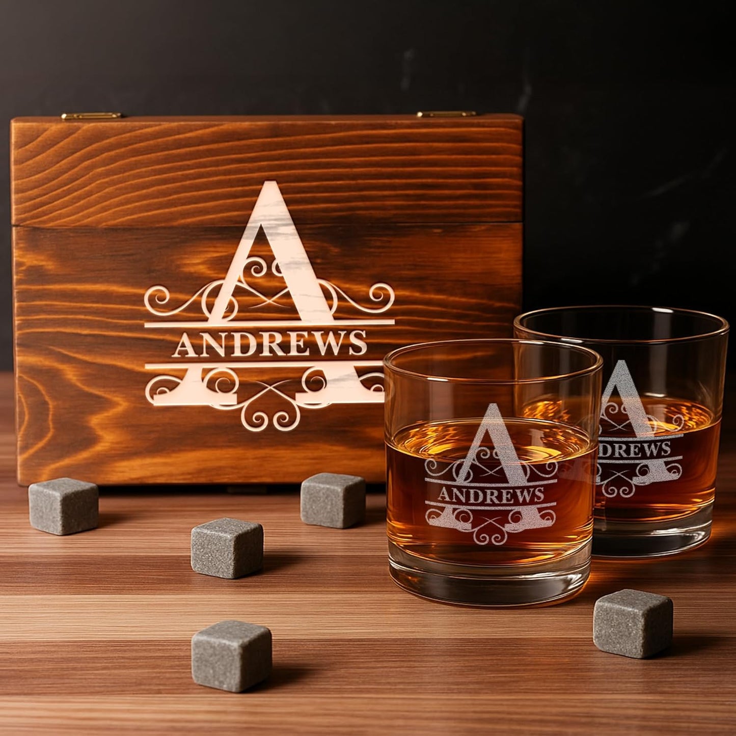 Personalized Vintage Birthday Whiskey Gifts for Men - 11 oz Engraved Bourbon Glass - Set of 2 Vintage Whiskey Cup in Wooden Box - 4 Designs Custom Scotch Glass Gift For Him (Name Monogram)