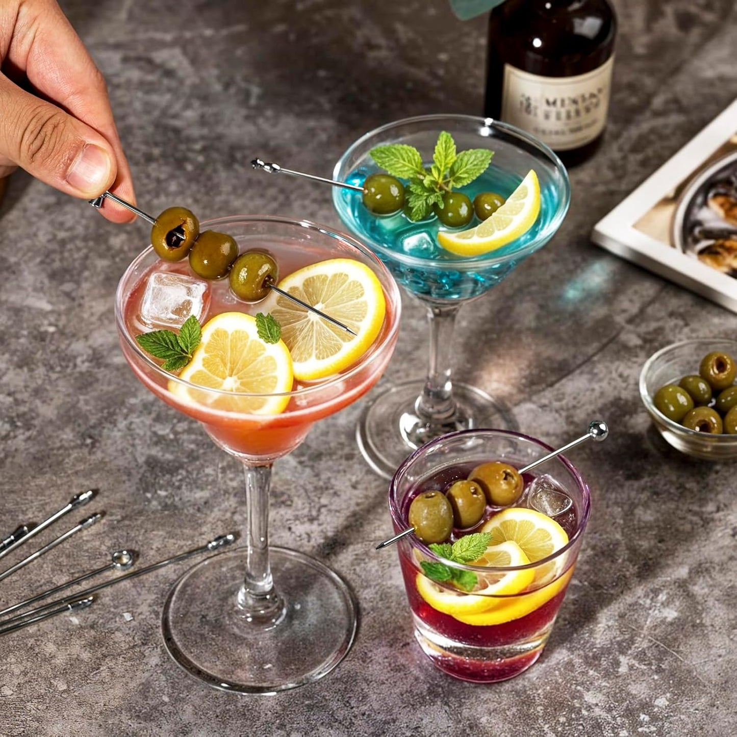 Metal Martini Cocktail Picks, Olive Skewers 4.2 inch, Stainless Steel Drinks Garnish Sticks, Reusable Toothpicks for Appetizers, Gift for Mother, Home Bar Accessories for Bartender - 9 Pcs