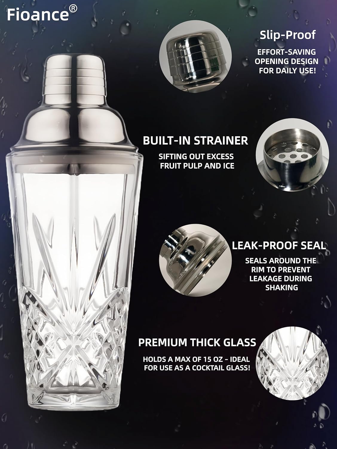 Cut Crystal Cocktail Shaker Set (15oz Lead-Free Crystal Mixer with Stainless Steel Lid & Pour Spout & 4 Recipe Coasters) Premium Bar Tool for Home Bar