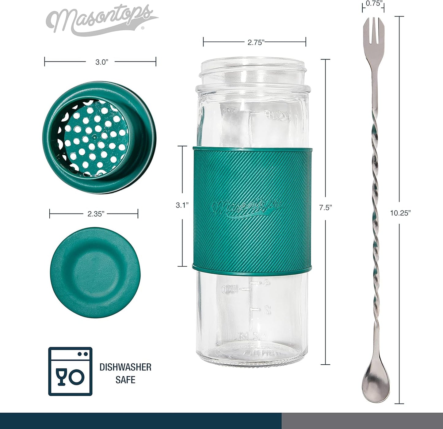 Masontops Cocktail Shaker Set – Glass Mason Jar Drink Shaker – 4 PC Set with Metal Swizzle Stick - Teal