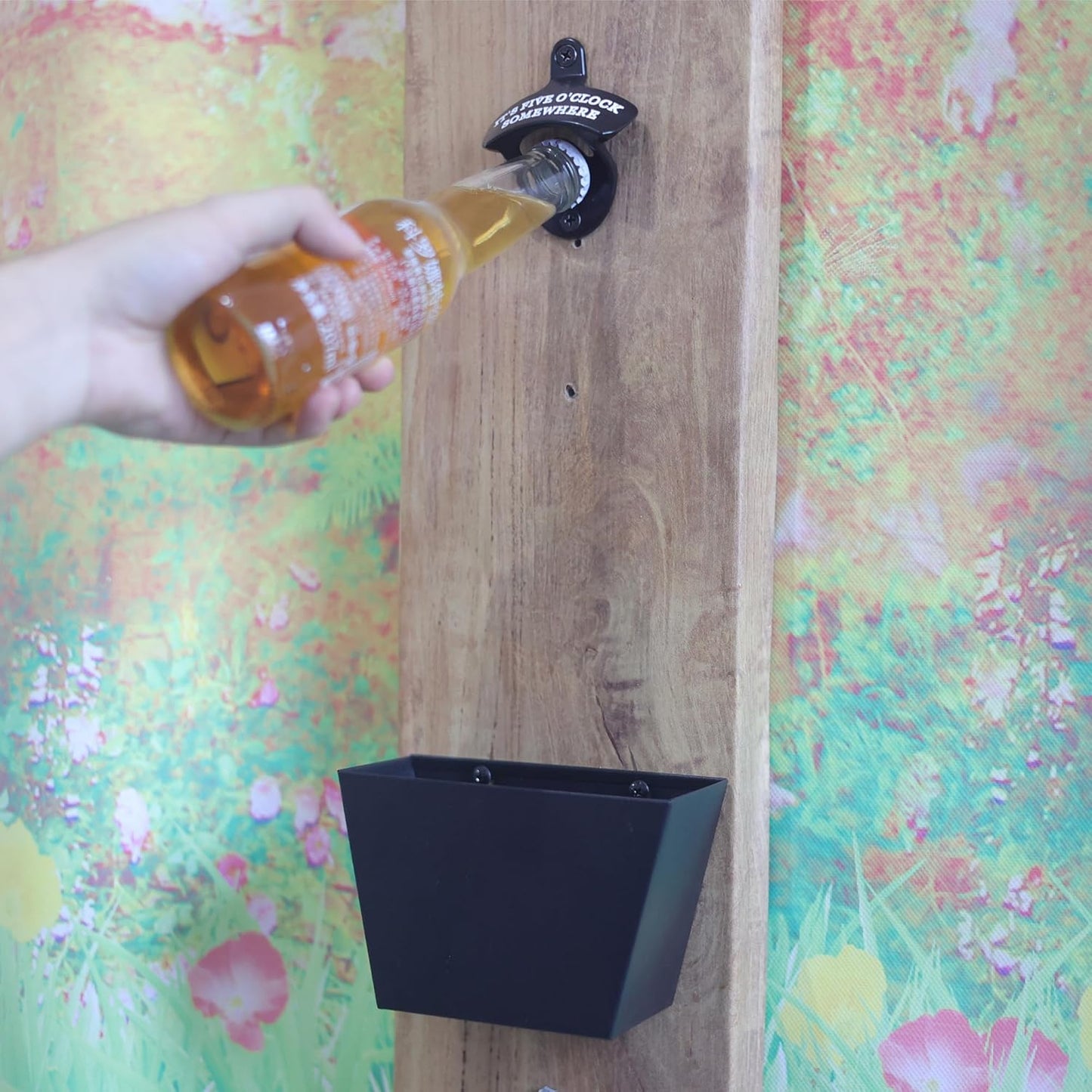 Black Wall Mounted Bottle Opener with Cap Catcher Stainless, IT'S FIVE O'CLOCK SOMEWHERE Screw in Wall Beer Cap Opener Bucket Gift