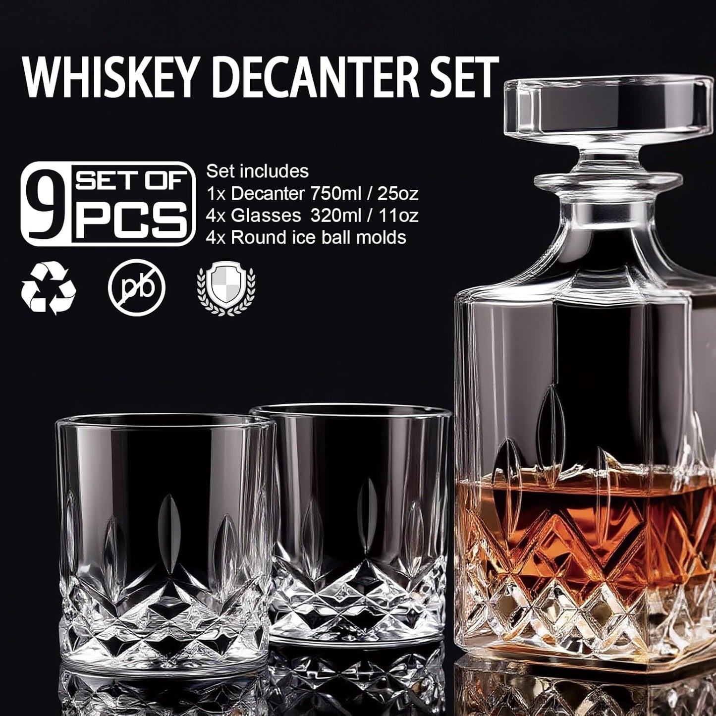 Whiskey Decanter Set for Men, 4*Crystal Whiskey Glasses(Get 4 Silicone Ice Mold Free), Lead-Free Decanter Set for Whiskey, Bourbon, Scotch, Anniversary Christmas Gifts for Dad, Husband, Whiskey Lovers