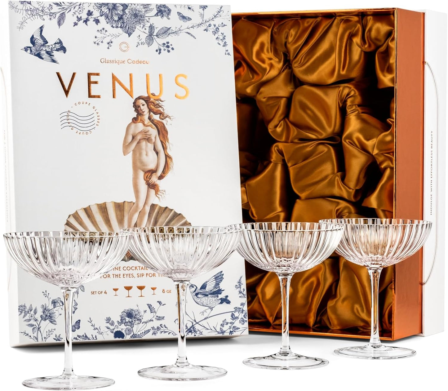 Venus Seashell Coupe Cocktail Glasses | Set of 4 | 8 oz Crystal Ribbed Champagne Saucers for Drinking P-Star and Espresso Martini, Margarita, Daiquiri, Cosmopolitan, Gimlet | Elegant Gift Glassware