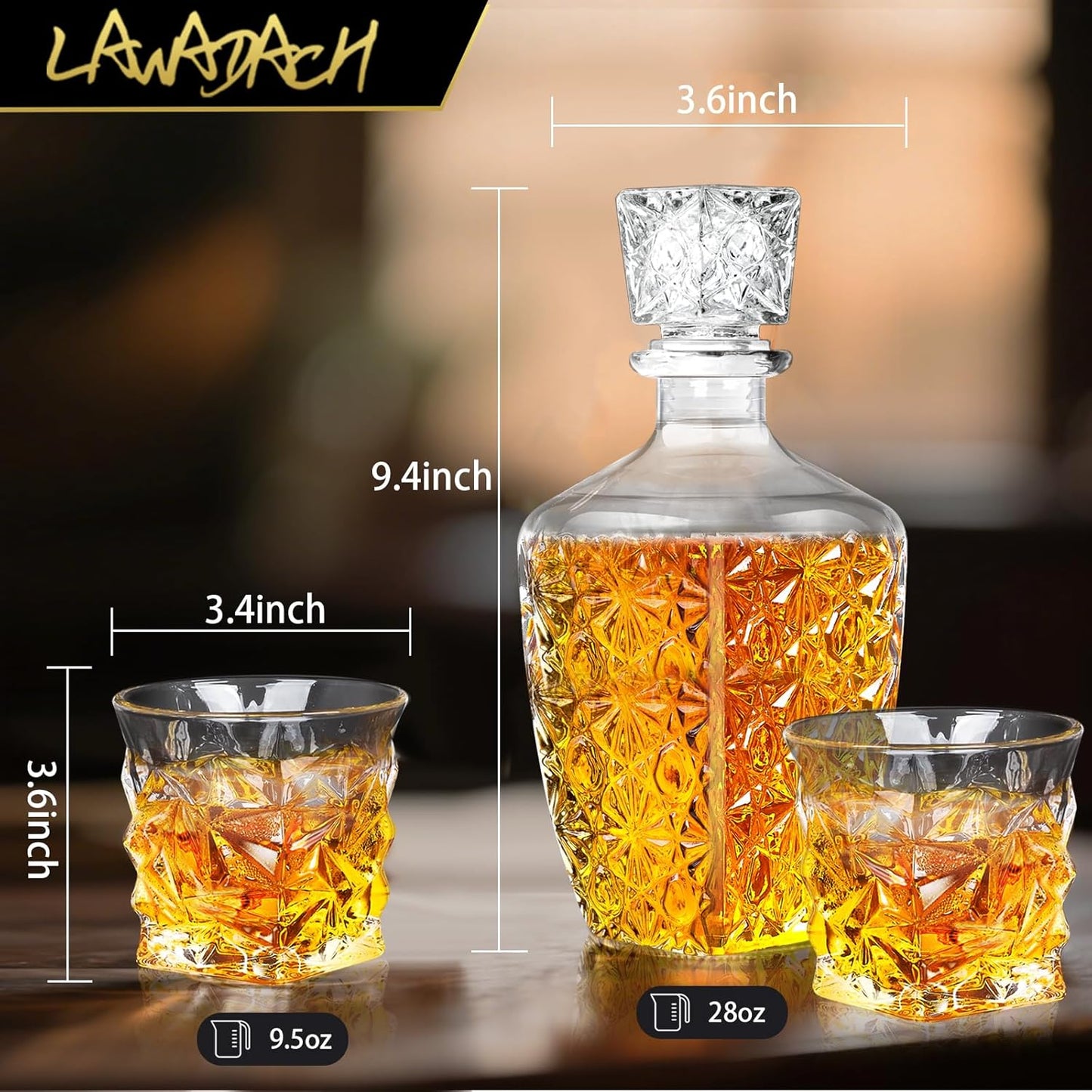 LAWADACH Whiskey Decanter Set,Liquor Decanter Set with 2 Glasses,Decanter set for Men,Decanter for Tequila,Bourbon,Rye,Gifts for Men,Dad,Home Bar Decor - 28oz