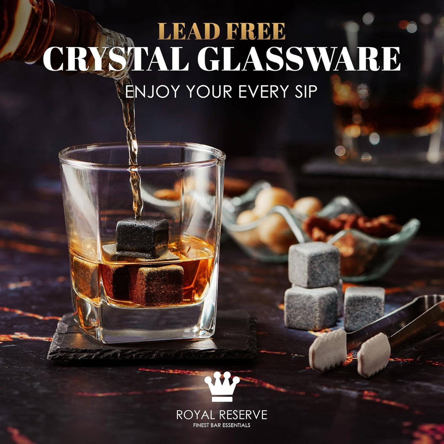 Whiskey Stones Gift Set by Royal Reserve - Artisan Crafted Scotch Bourbon Glasses, Chilling Rocks, Coasters and Tongs – Whiskey Gifts - Birthday Gift for Men, Husband, Him, Dad, Boyfriend