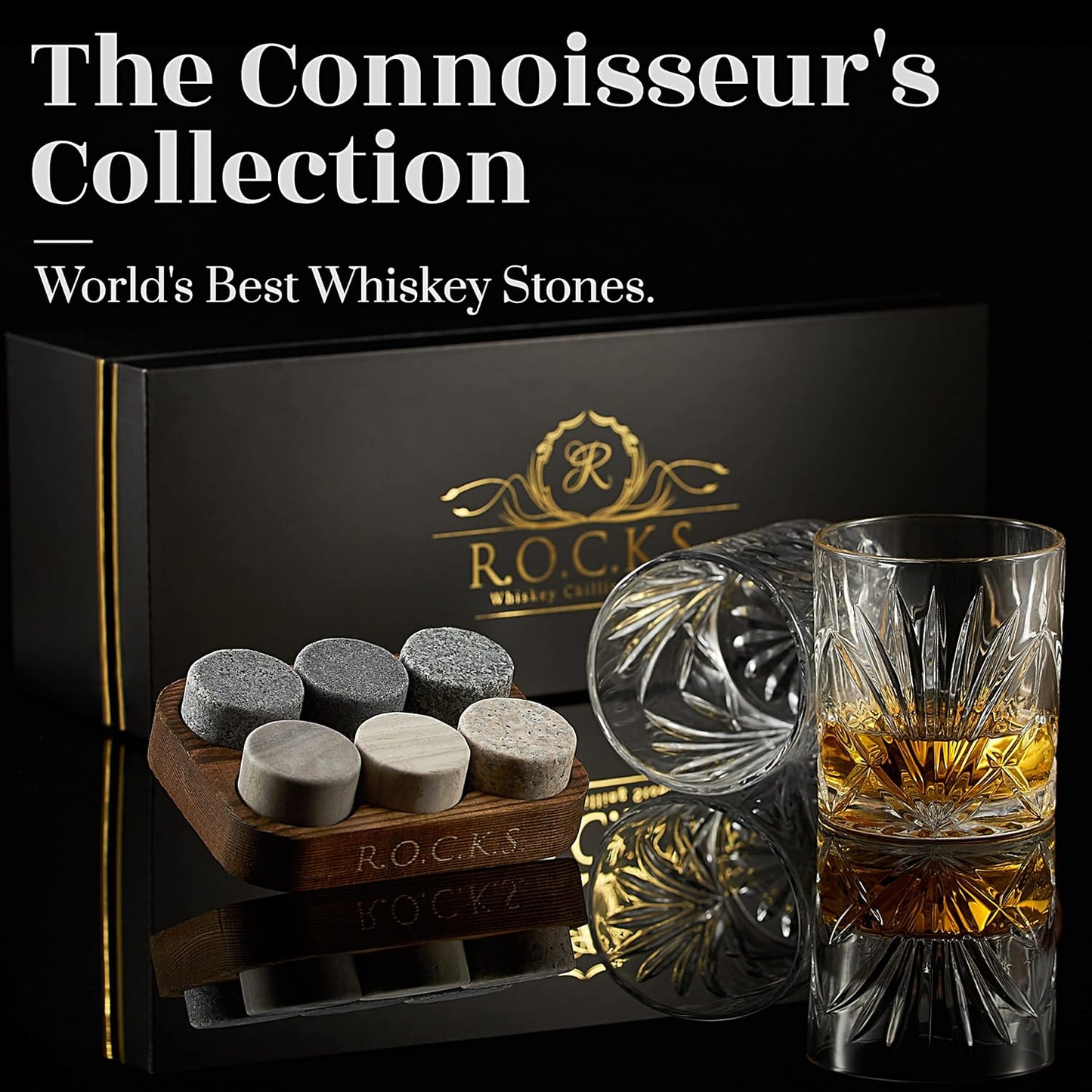 Whiskey Chilling Stones Gift Set - 6 Handcrafted Premium Granite Round Sipping Rocks - 2 Heavy Bourbon Glasses - Hardwood Presentation & Storage Tray - Elegant Gold Foil Gift Box by R.O.C.K.S.