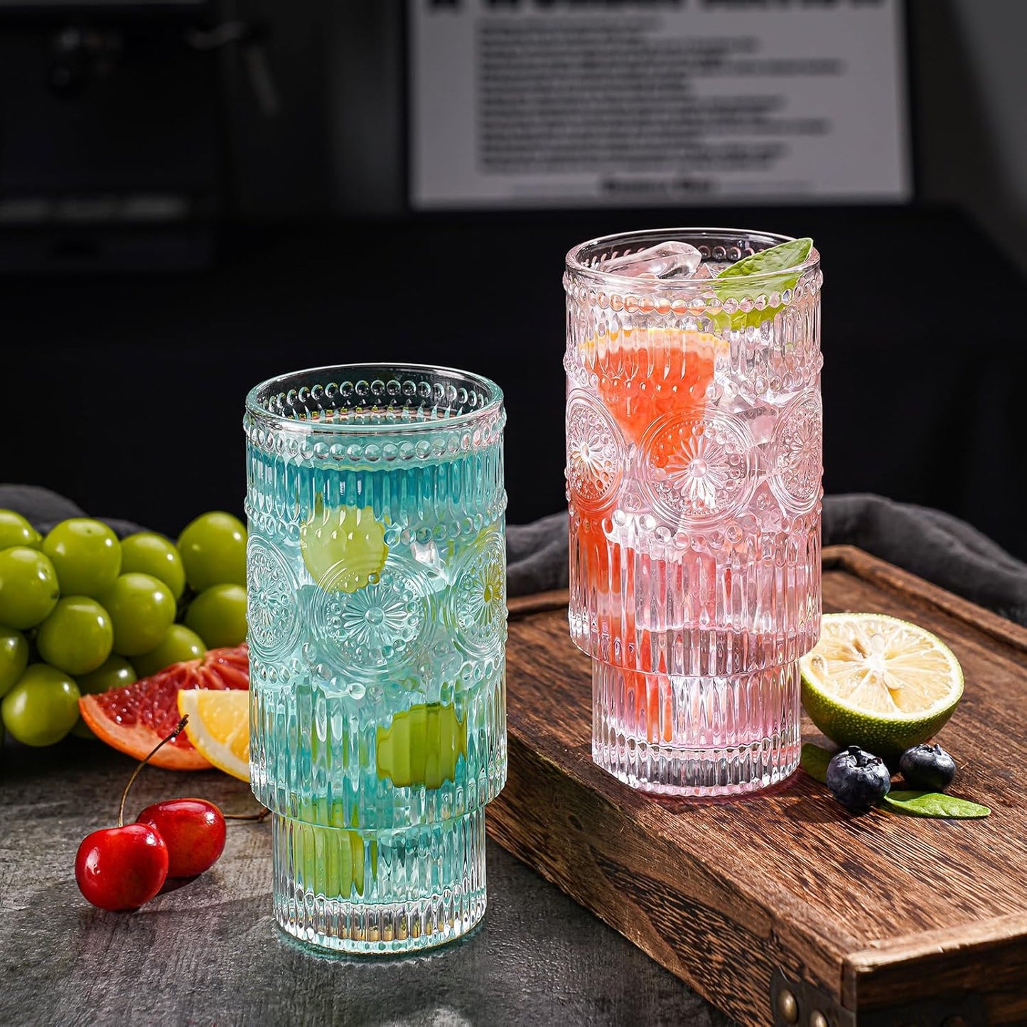 Embossed Designed Glasses, 8pcs Highball Glasses, 16oz Vintage Ribbed Striped Glassware for Cocktail, Whiskey, Juice