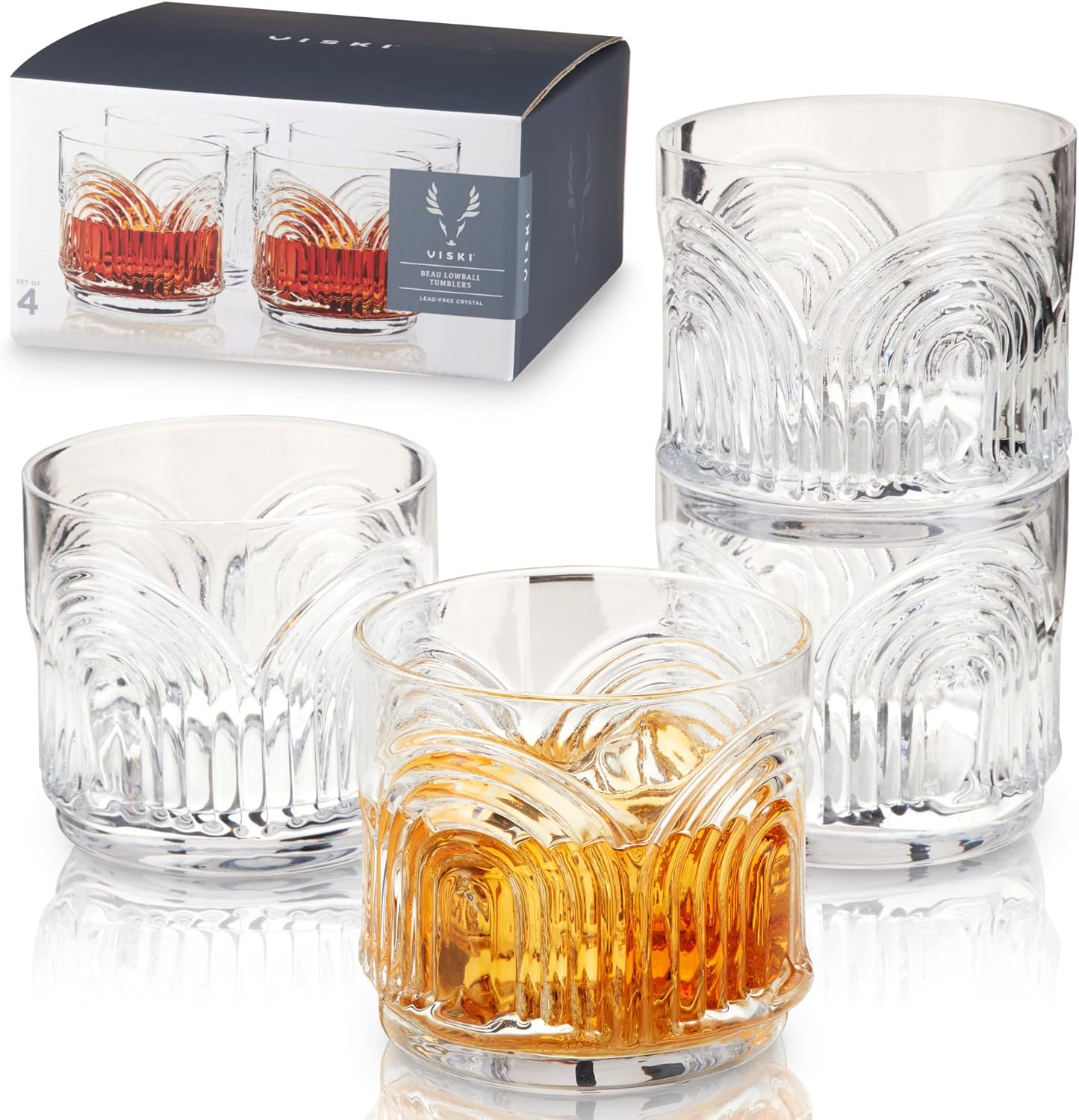 Viski Beau Lowball Tumblers Set of 4, Vintage Crystal Whiskey Glasses for Old Fashioneds, Scotch & Bourbon, Art Deco Cocktail Glasses with Arch Design for Home Bar, Birthday Gifts for Men, 11 oz