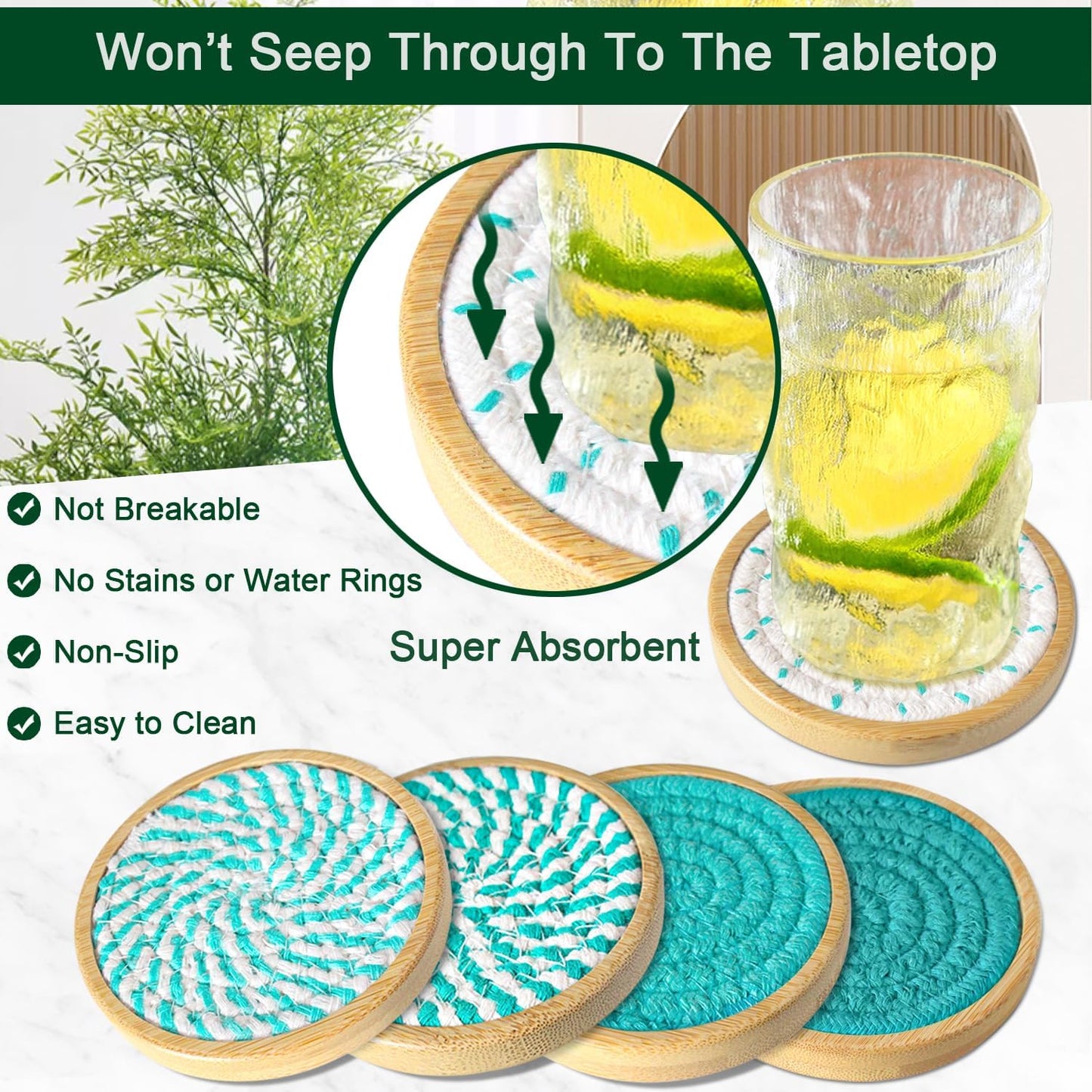 Eykao Bamboo Coasters for Drinks, Absorbent Coaster Sets of 5, Woven Drink Coasters for Coffee Table, Housewarming Gift for Farmhouse Home Decor,4 inches (Lake Blue Series)