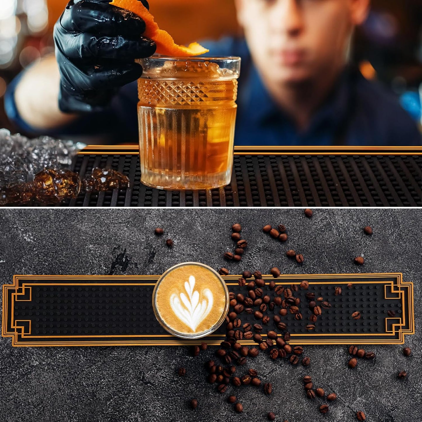 Drydiet 2 Pcs 24 x 4 Inch Bar Mat Non Slip Rubber Mat with Gold Border Durable Stylish Spill Cocktail Service Coffee Mats for Restaurants Barbershop Clippers Bartending, Black