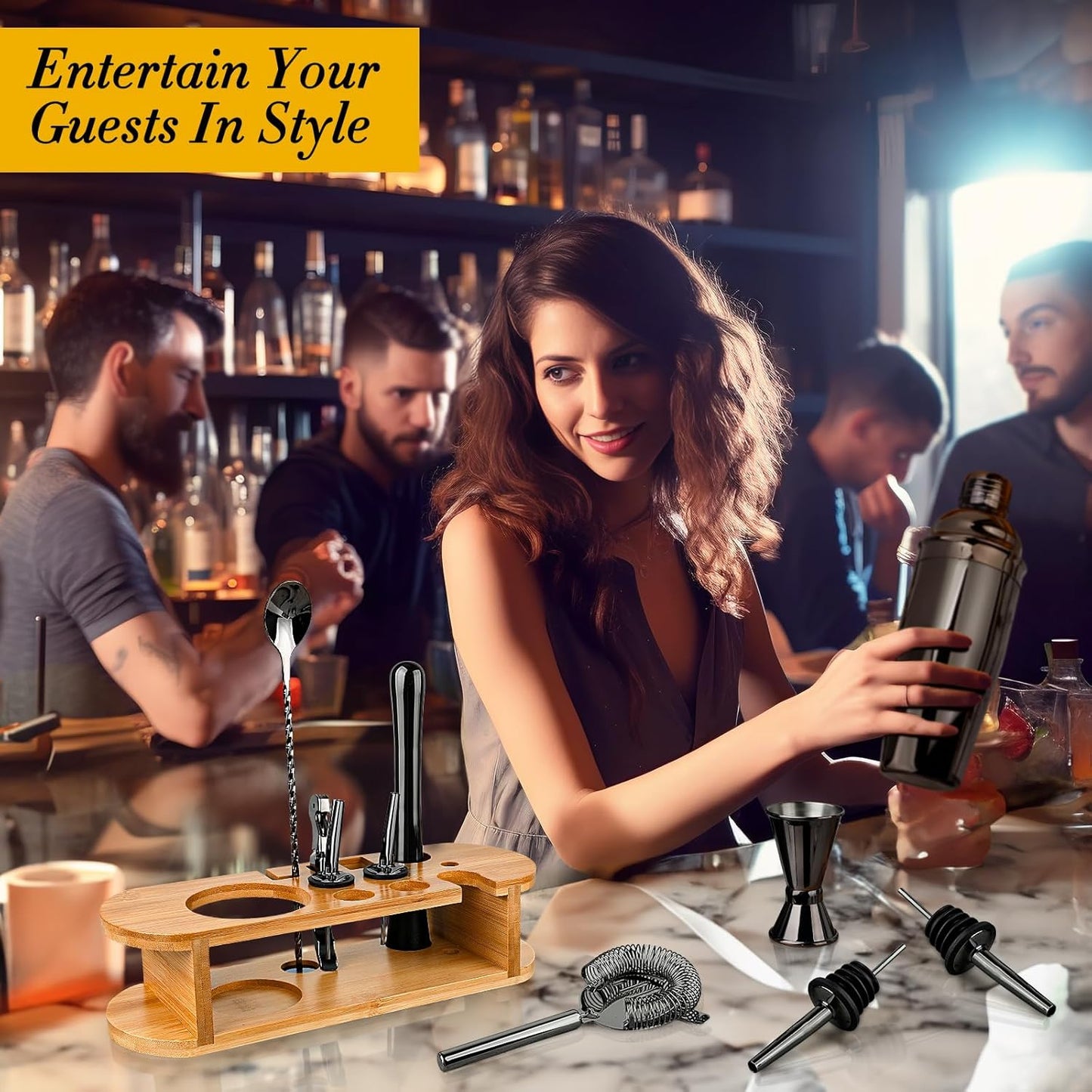 Cocktail Shaker Set Bartender Kit with Stand, Stainless Steel Drink Mixer Set with All Essential Accessories, Professional Bar Tool Set Bartending Kit, Gifts for Home Bar and Men Dad Women