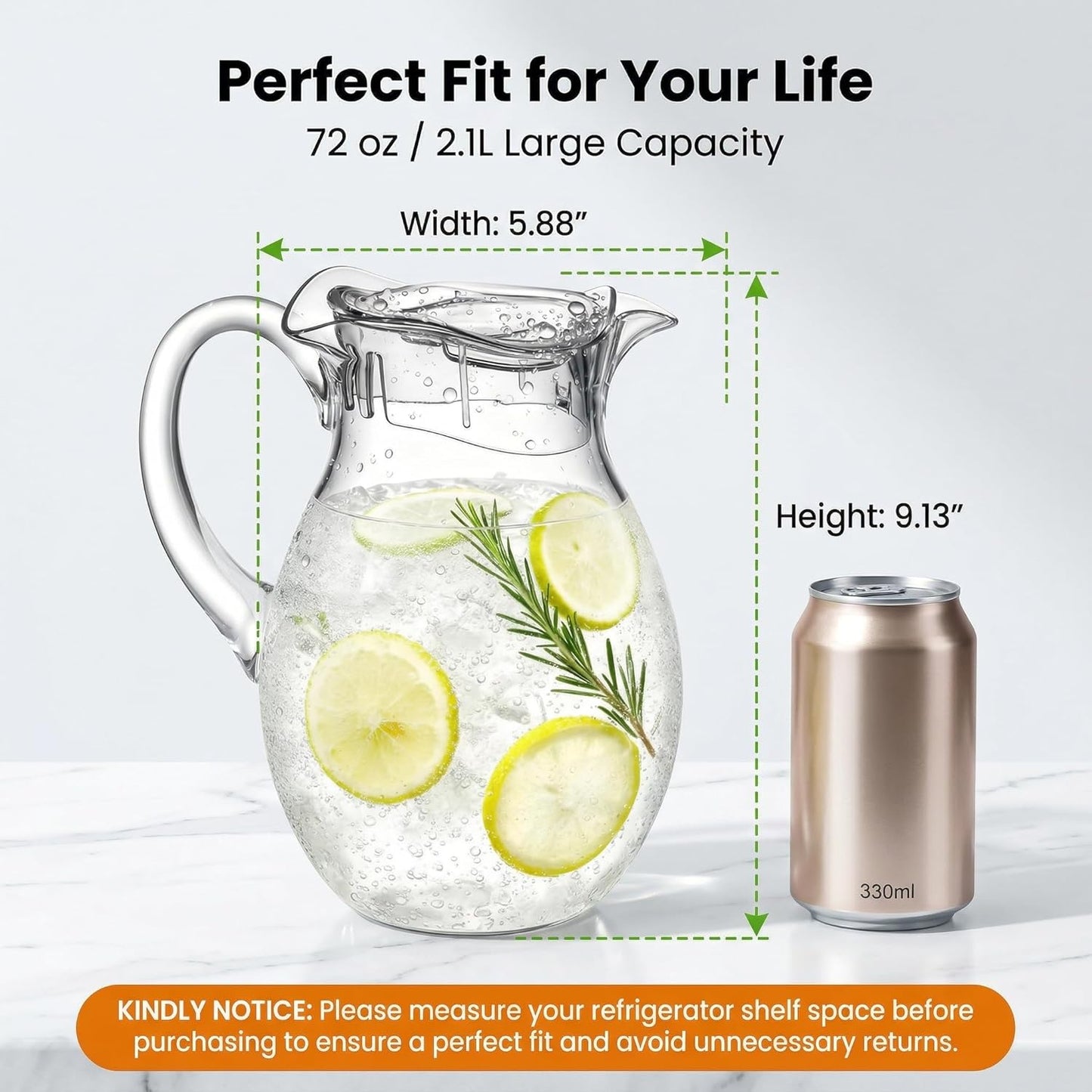 Middle Size Clear Plastic Pitcher with Lid (72 oz), Unbreakable Water Pitcher with Handle, Fridge Jug, BPA-Free, Shatter-Proof, Great for Iced Tea, Sangria, Lemonade, Juice, Milk, and More