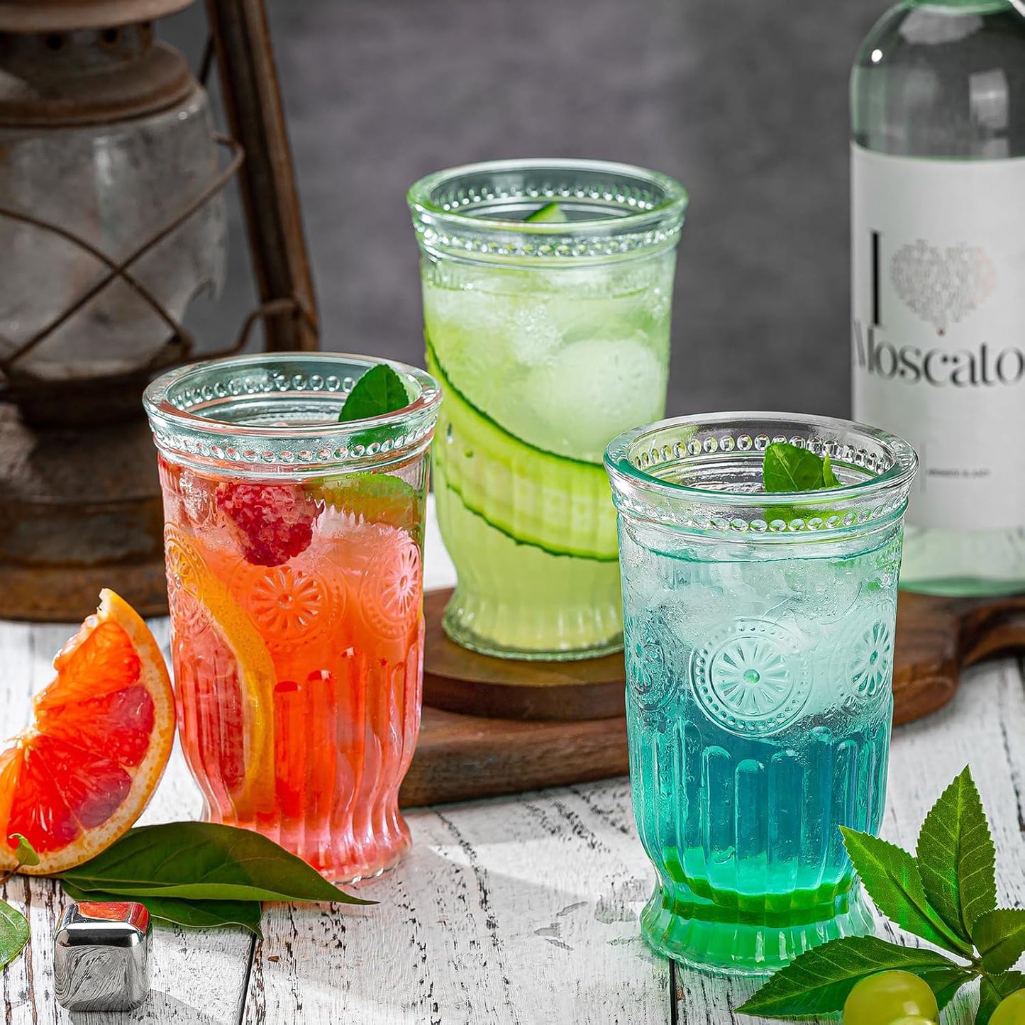 Vintage Drinking Glasses, 12 pcs Embossed Designed Highball Glasses, 16oz Glass Cups, Tall Water Glass Tumbler, Mojito Cup, Cocktail Glass, Vintage Glassware Set for Juice, Cocktail, Whiskey