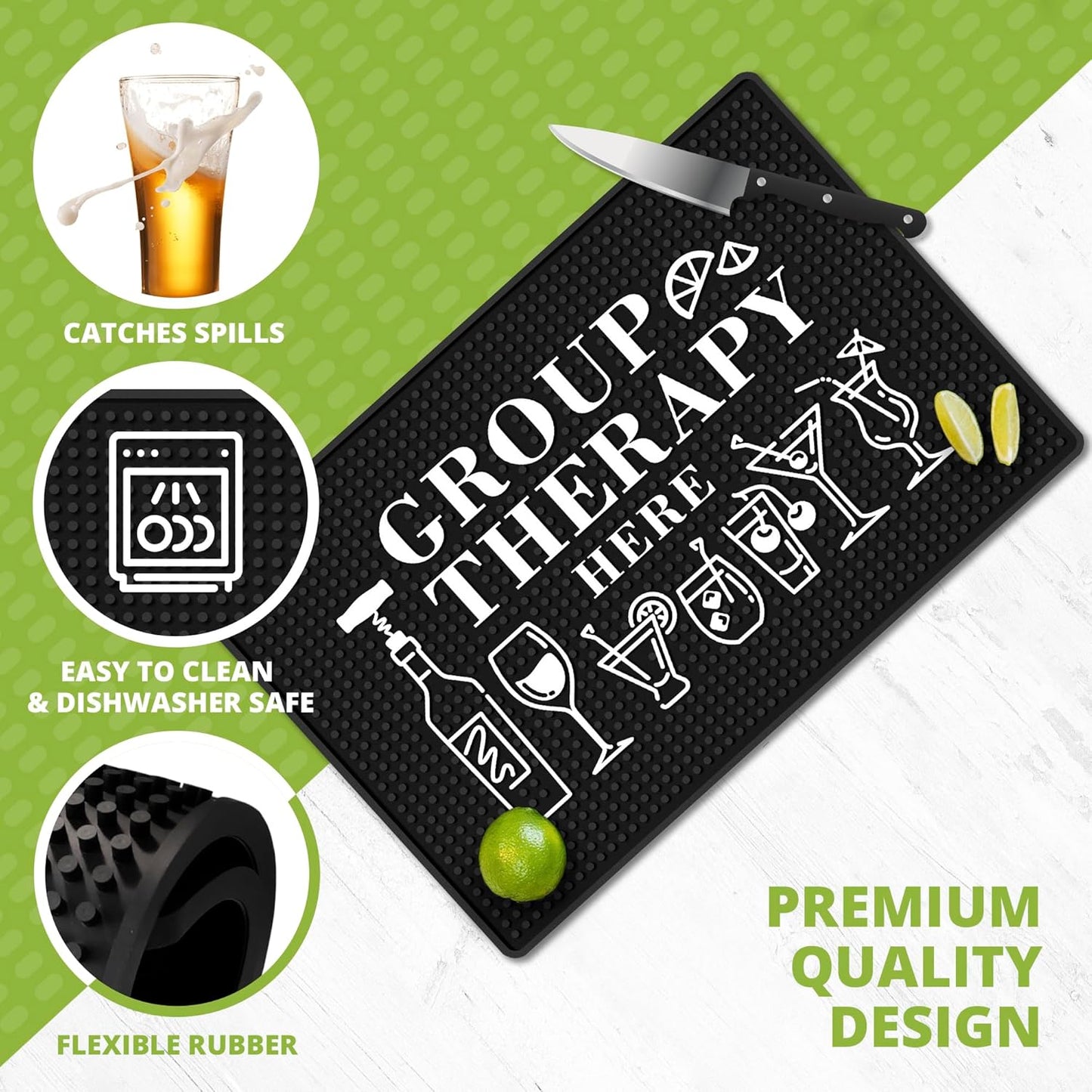 Group Therapy Bar Mat – Heavy Duty 18"x12" Rubber Bar Mats for Countertop, Non-Slip Bartender & Spill Mat for Home Bar, Funny Bar Gifts