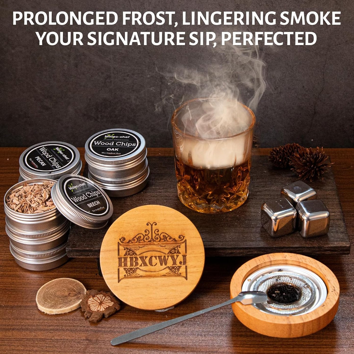 Whiskey Smoker Kit for Cocktails - Premium Oak Smoke Top with Torch (No Butane), 8 Flavors Wood Chips, 3 Ice Marbles & Cocktail Cards - Ideal Gift for Men, Dad, Husband, Whiskey Lovers Home Bar