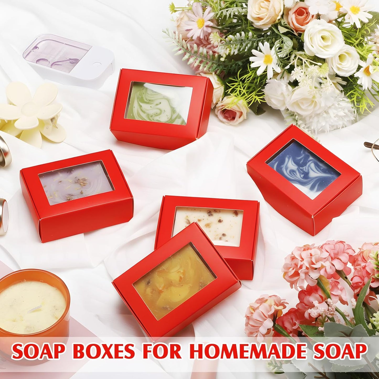 Zonon 30 Pcs Soap Boxes for Homemade Packaging, Mini Kraft Boxes with Window for Bakery Candy Soap Making Gift Packaging (3.7 x 2.6 x 1.37 Inch,Red)