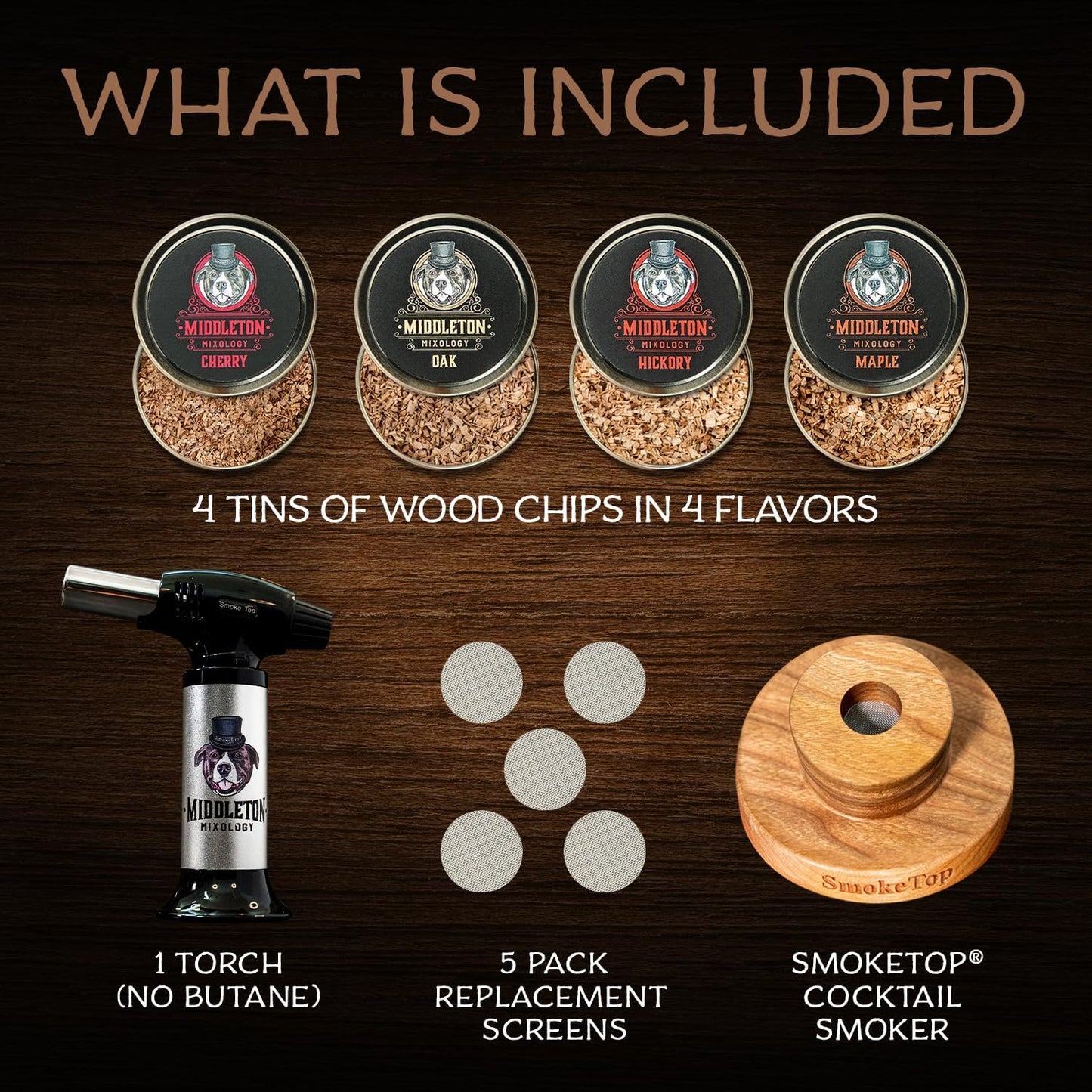 SmokeTop® Cocktail Smoker Kit and Torch with Cherry, Hickory, Maple, and Oak Wood Chips - Cocktail Smoker Kit & Chips for Old Fashioned Cocktails, Whiskey, & Bourbon - NO Butane Included