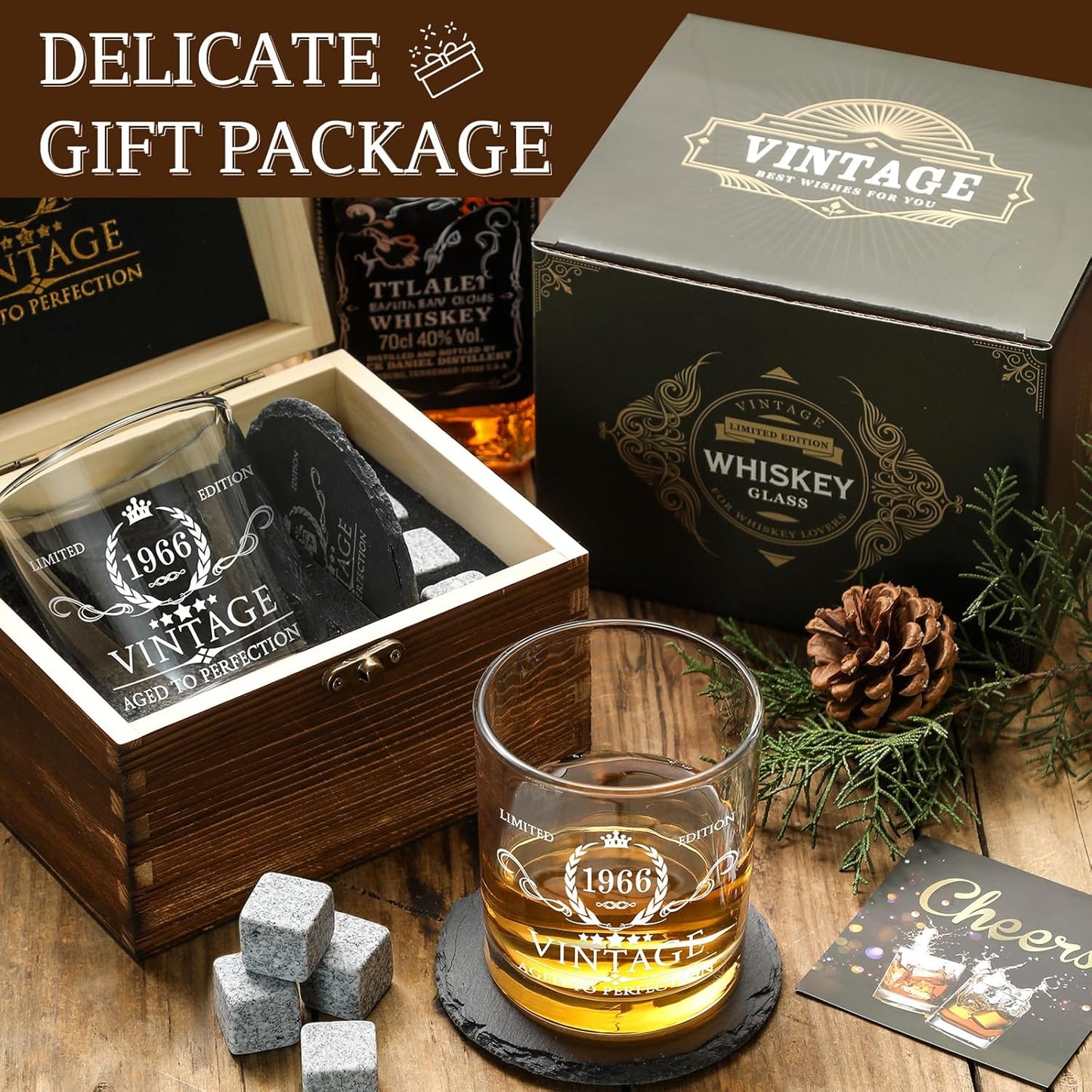 60th Birthday Gifts for Men Whiskey Glass Set - 60th Birthday Decorations, Party Supplies - 60 Year Anniversary, Bday Gifts Ideas for Him, Dad, Husband, Friends - Wood Box & Whiskey Stones & Coaster