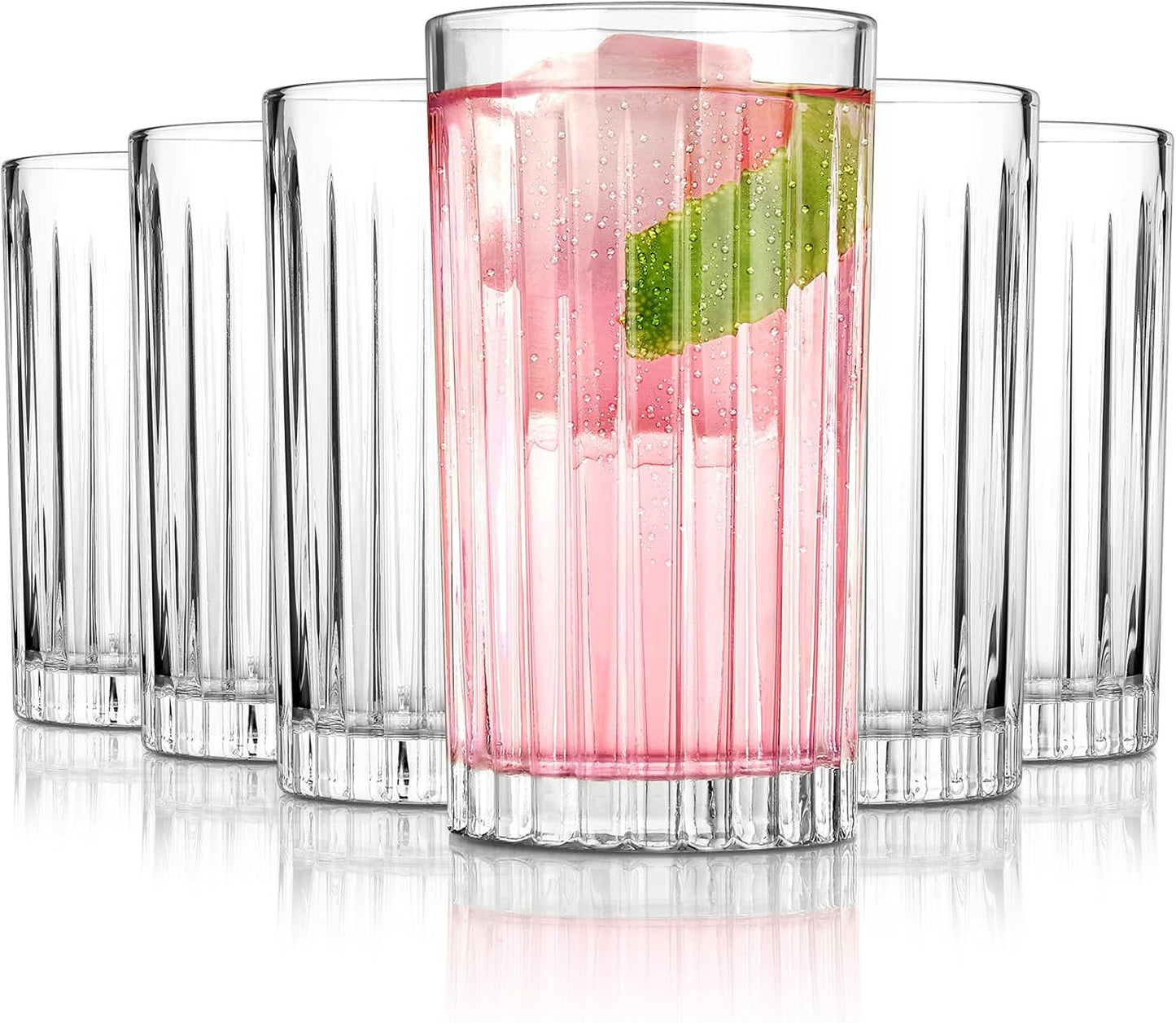Royalrose Premium VertiLine 13.5oz Highball Glasses, 6pc Tall Glass Sets. Lead-Free Crystal Drinking Glasses. Water Glasses, Mojito Glass Cups, and Mixed Drink Cocktail Glass Set. (Tall glasses)