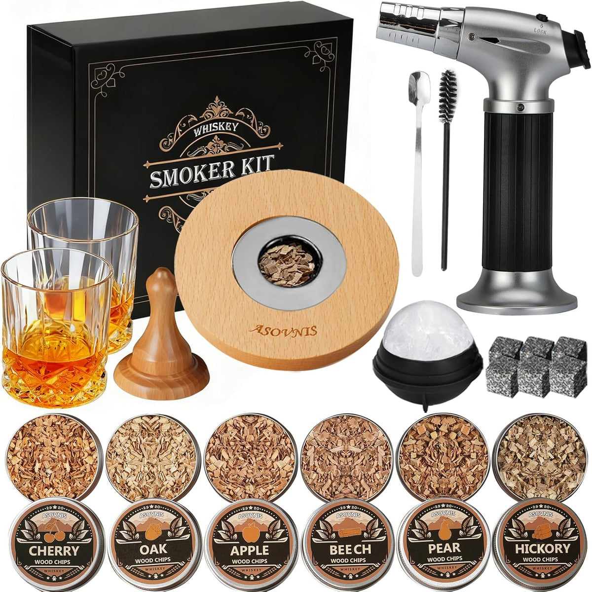 Whiskey Smoker Kit with Torch - Cocktail Smoker Kit Bourbon Gift for Men - Light brown