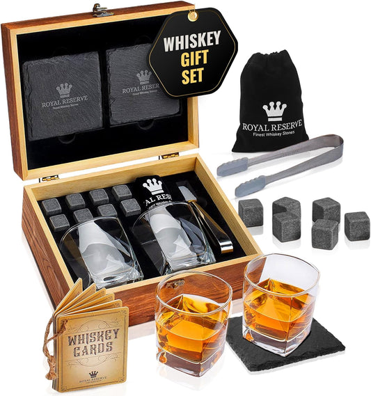 Whiskey Stones Gift Set by Royal Reserve - Artisan Crafted Scotch Bourbon Glasses, Chilling Rocks, Coasters and Tongs – Whiskey Gifts - Birthday Gift for Men, Husband, Him, Dad, Boyfriend