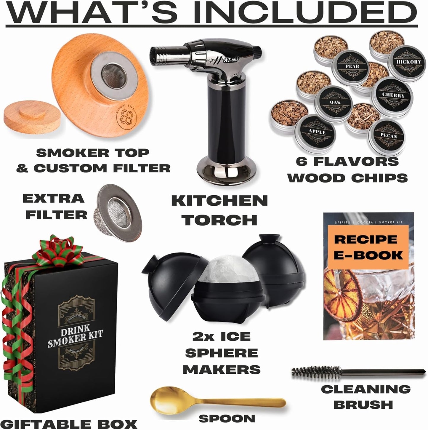 Cocktail Smoker Kit - Whiskey Bourbon Drink Smoker with Torch, Custom Top, 2 Ice Ball Makers, 6 Flavors Wood Chips, Extra Filter - Smokers for Whiskey Drinks - Cocktail Drink Smoking Kit