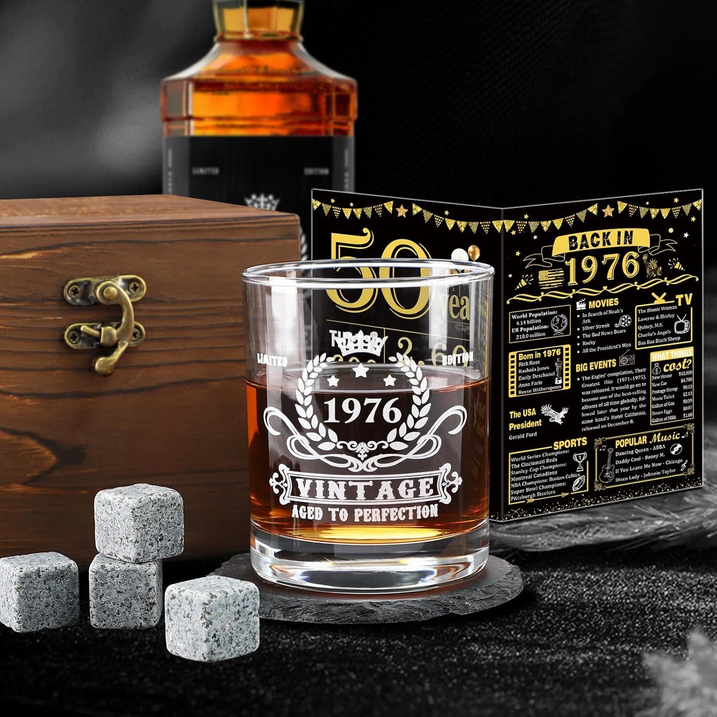 YeohJoy 50th Birthday Gifts for Men,Vintage 1976 Whiskey Glass Set,Wood Box & 1976 Poster Anniversary Card &Whiskey Coaster & Stones,Bday Gifts Ideas for Him, Dad, Husband
