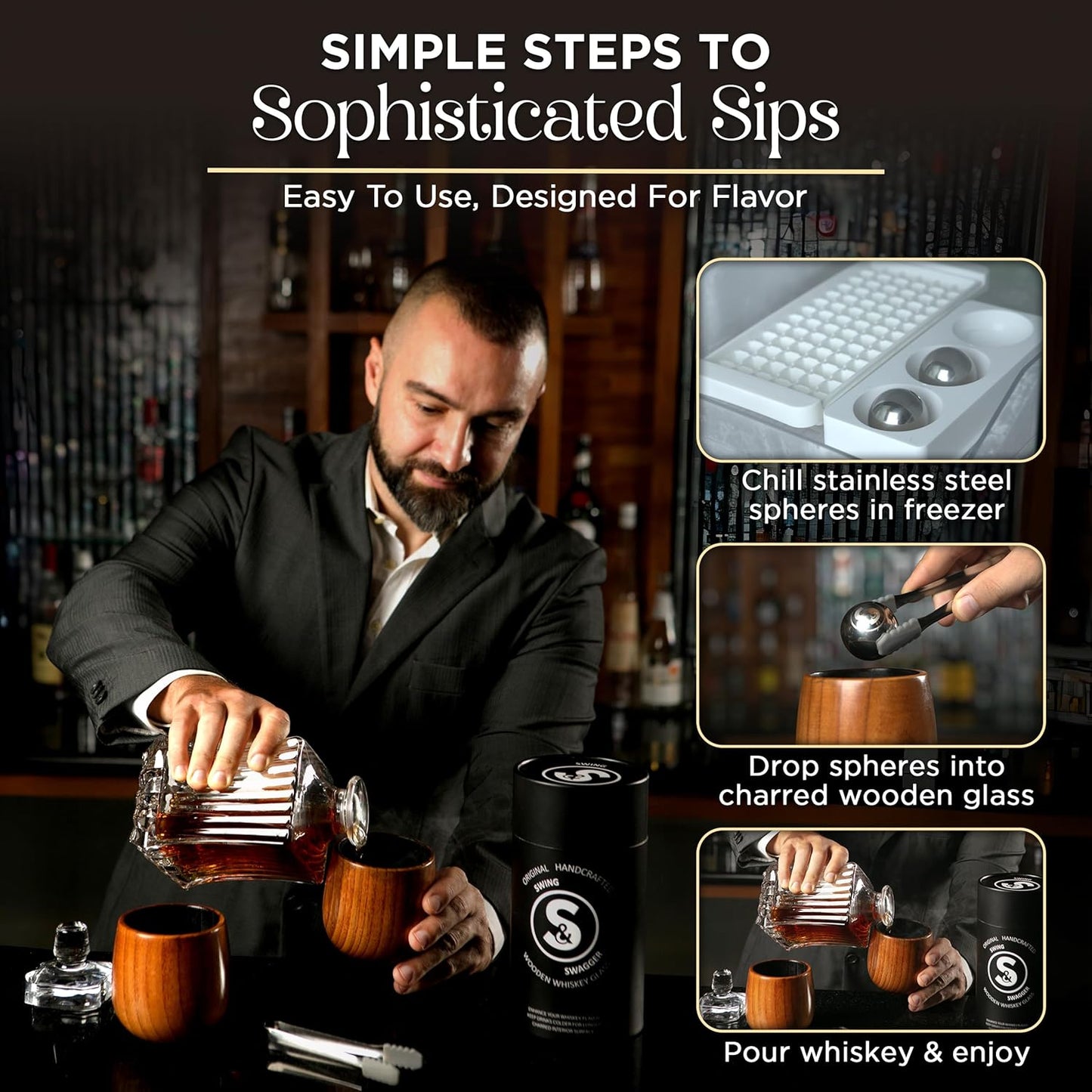 Charred Wooden Whiskey Glass Gift Set for Men (2 Pack) – Bourbon Glasses with Stainless Steel Chilling Balls, 2 Tongs & Storage Pouch – Unique Gifts for Men, Husband, Boyfriend, Whiskey Lovers