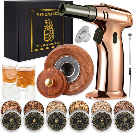 Whiskey Smoker Kit with Torch, 6 Wood Chip Flavors, 2 Heavy Whiskey Glasses, 2 Ice Ball Molds, Cocktail Smoker Kit for Old Fashioned, Bourbon & Drinks, Gift Set for Men, Father (No Butane)
