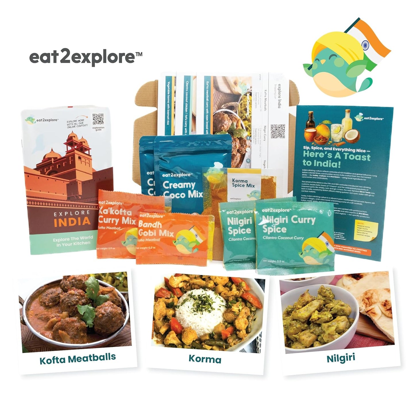 eat2explore Global Cooking Kit - Authentic Recipes, Essential Spices, Cultural Fun & Expert Drink Pairings - Perfect for Date Night and Dinner Parties (India Edition)