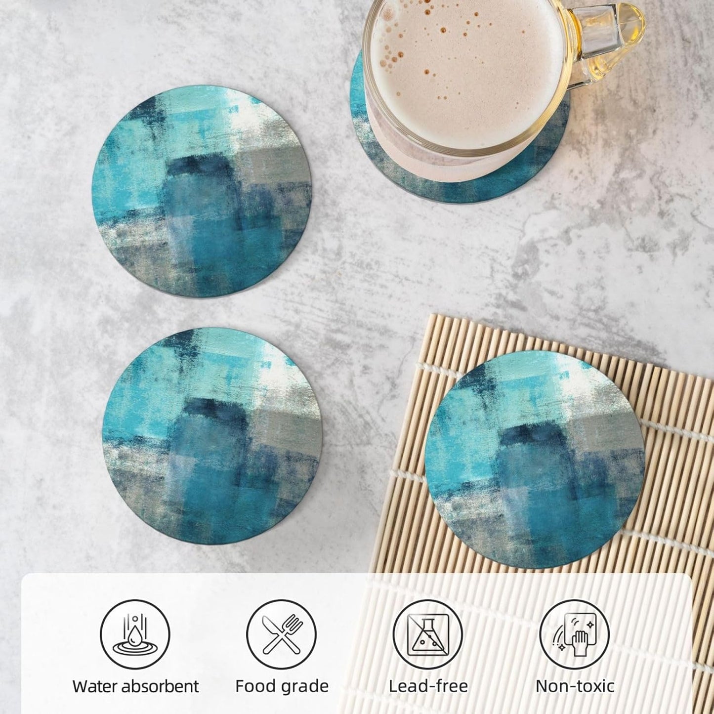 Coasters Set of 2 Turquoise and Grey Absorbent Ceramic Coasters for Drinks Round Stone Non-Slip Coffee Table Housewarming Gifts for Table Protection Home Decor, Teal