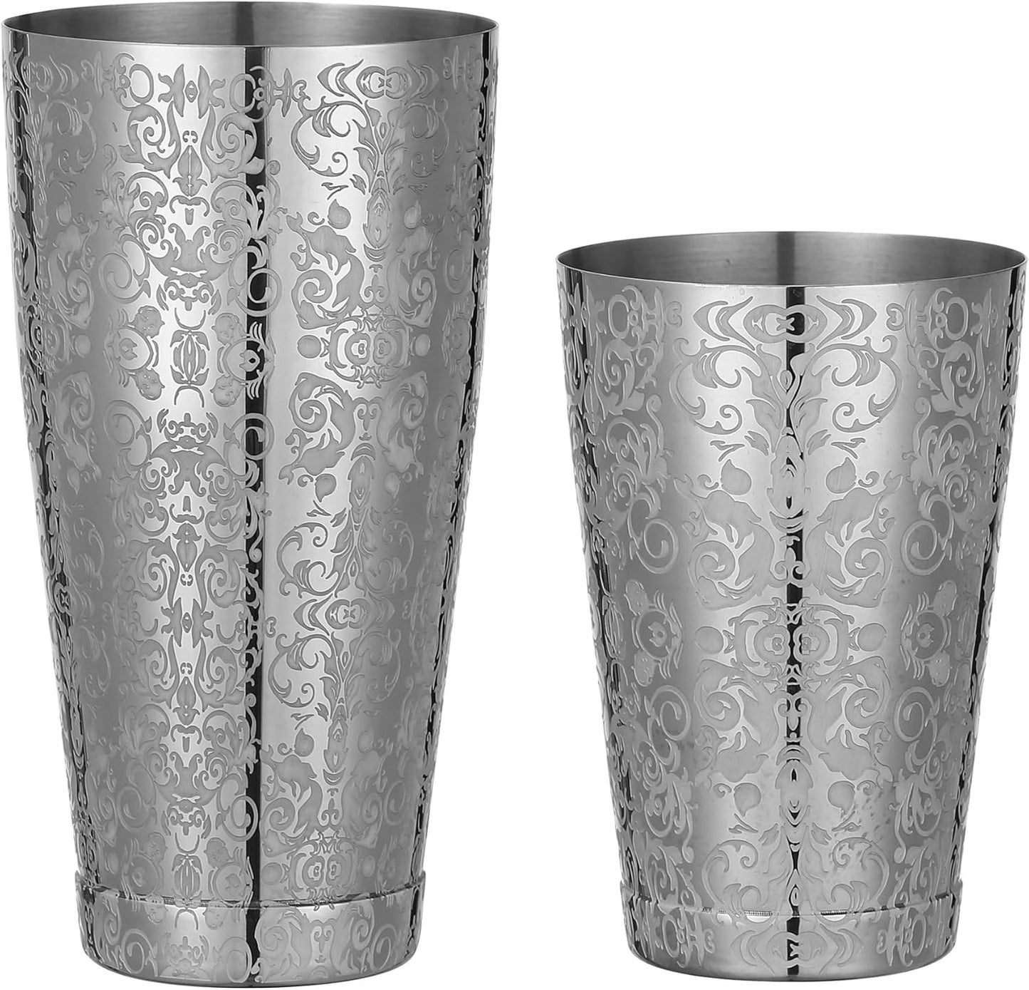 Stainless Steel Boston Shaker with Etched Pattern Weighted Shaking Tin Set (Spirit Silver)