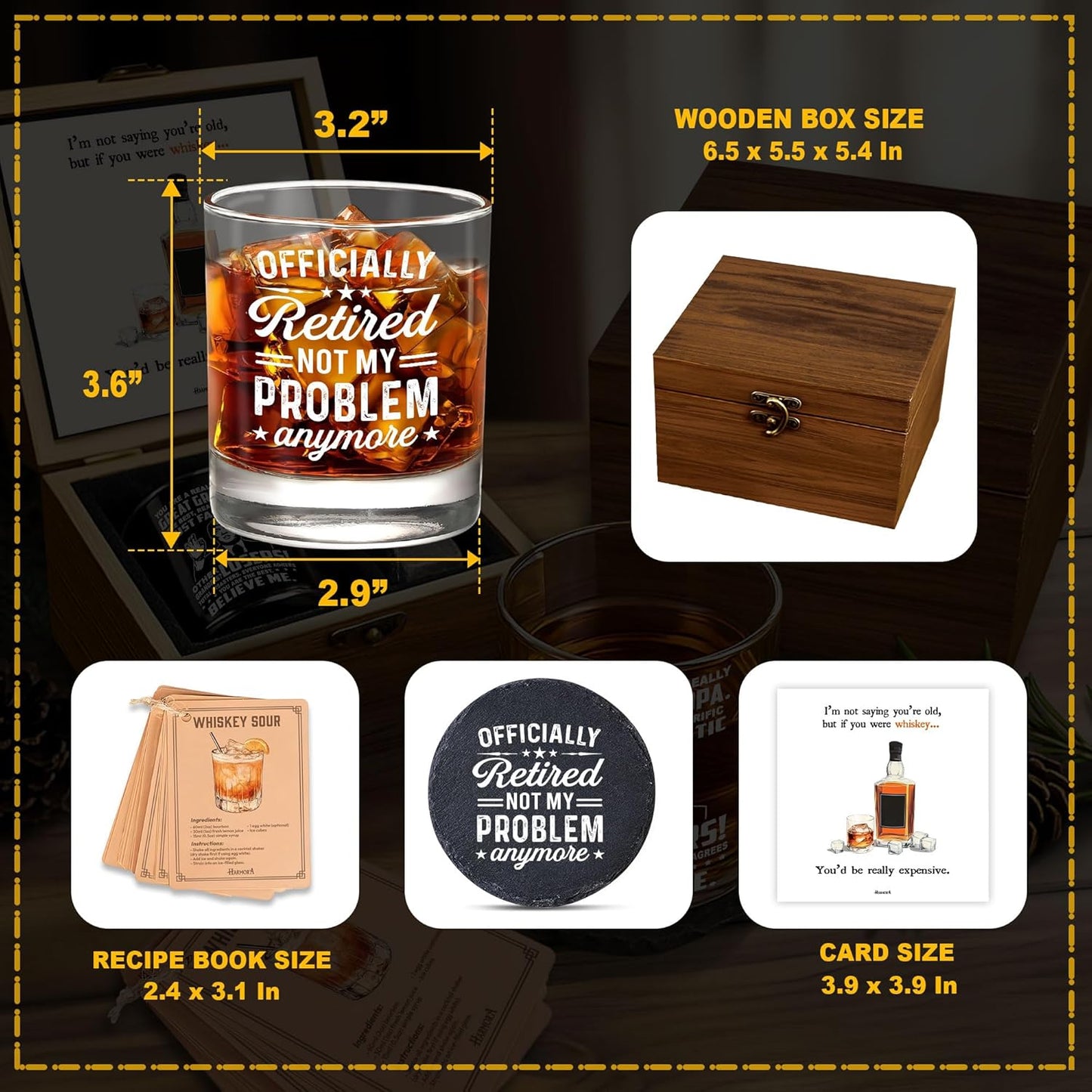 Retirement Gifts for Men Whiskey Glass Set - Retired 2026 - Retirement Party Decorations, Supplies - Gifts Ideas for Him, Dad, Husband, Friends - Wooden Box, Coaster, Recipe Cards & card