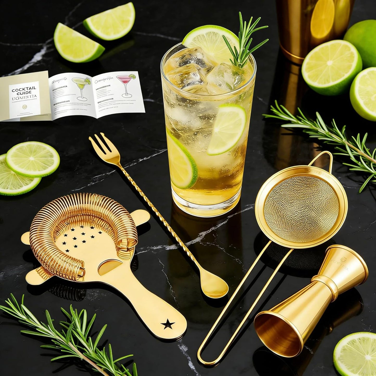 Homestia Cocktail Strainer Set, 5 Piece Gold Stainless Steel Bar Tools - Hawthorne Julep Strainer, Fine Mesh Strainer, Jigger and Spoon for Bartender Professional Drink Mixing Kit