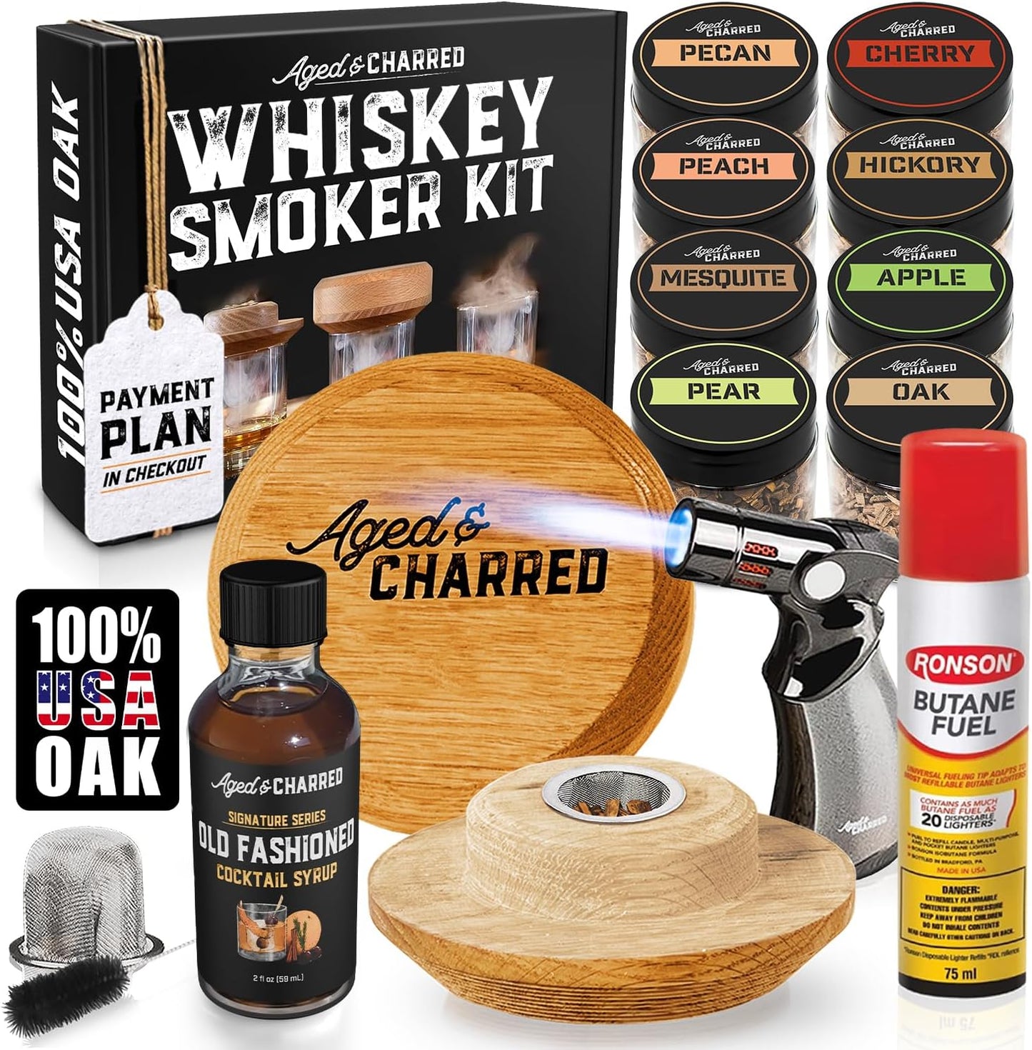 Whiskey Smoker Kit with Torch and Butane and Old Fashioned Syrup - 8 Flavors Wood Chips, 100% USA Oak, High-End Set - Old Fashioned Bourbon Cocktail Smoker Kit Gift for Men Dad