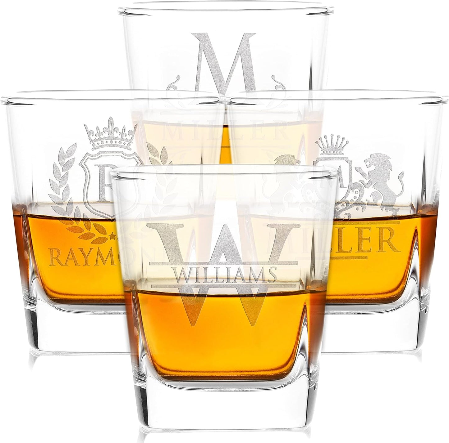 Amazing Items Set of 4 - Whiskey Gifts for Men, Personalized Whiskey Glasses w/Name & Initial - 9 Designs - 9 oz, Limited Edition Monogrammed Rocks Glasses, Dad Gifts