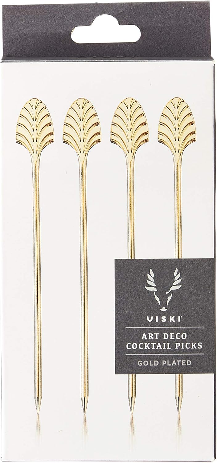 Viski Gold Art Deco Cocktail Picks, Stainless Steel Cocktail Picks for Drinks, Garnish Picks, Cocktail Skewers, Barware Accessories, 5in, Set of 4
