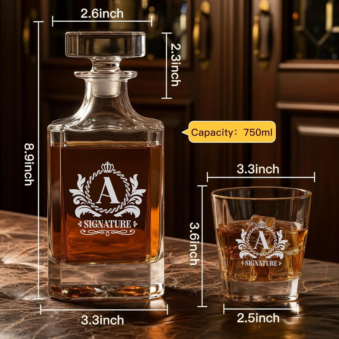 Personalized Whiskey Decanter Set with 2 Glasses, Laser Engraved Lead-Free Liquor Decanter Gift Set for Men, 750ml Glass Bottle Gift Box Bar Accessories for Dad Husband Boss Grandpa Brother, D