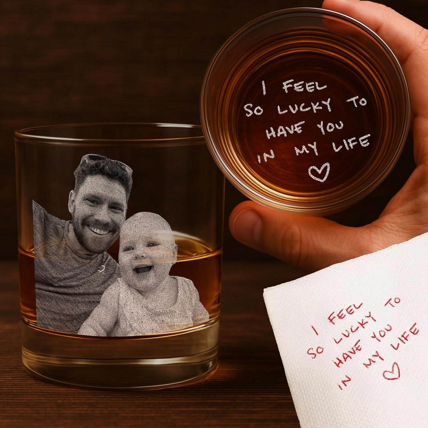 Personalized Whiskey Glasses for Men Dad, 11 Oz Photo Engraved Buorbon Glass, Etched Monogram Whiskey Glassware, Laser Handwriting Drinkware, Custom Birthday Retirement Father's day for Him
