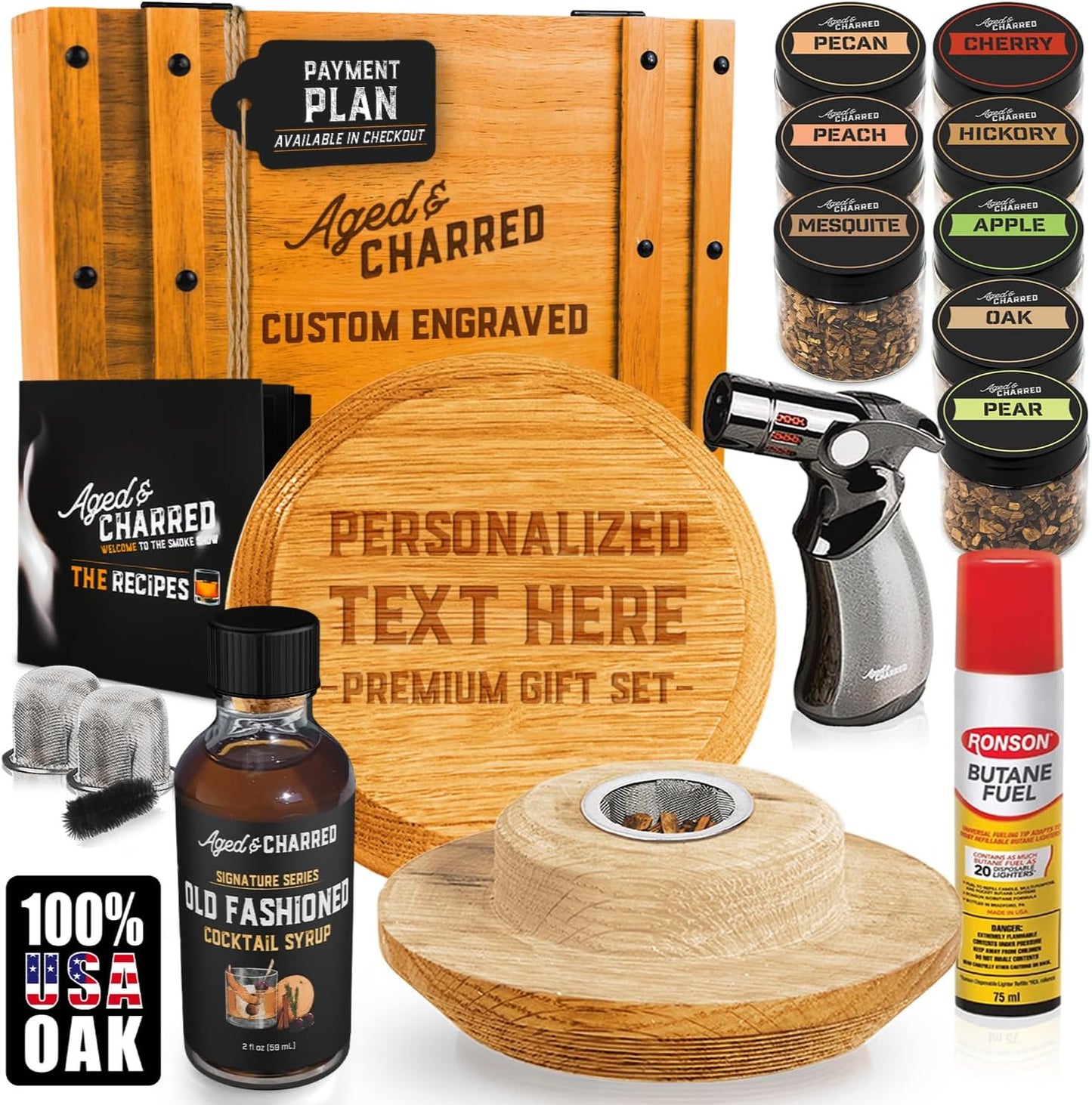 Custom Whiskey Cocktail Smoker Kit with Torch & Wood Chips - Premium Set, USA Oak Smoker - Old Fashioned Cocktail Kit for Whiskey Lovers - Bourbon Gifts for Men - Gift from Wife, Daughter, Son