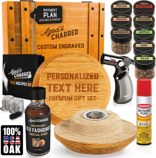 Custom Whiskey Cocktail Smoker Kit with Torch & Wood Chips - Premium Set, USA Oak Smoker - Old Fashioned Cocktail Kit for Whiskey Lovers - Bourbon Gifts for Men - Gift from Wife, Daughter, Son