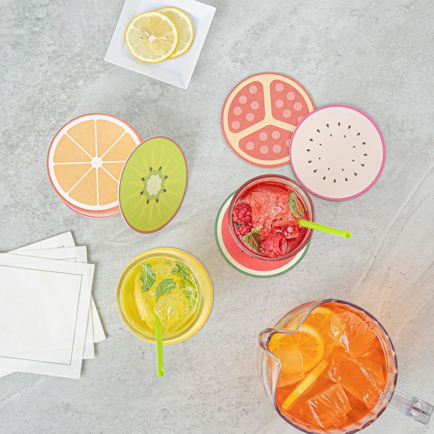 Restaurantware Drink Coasters 48 Count 4 Inch Paper High-Density Pulpboard Bar Coasters Assorted Customizable Designs Super Absorbent Reusable Round Coasters