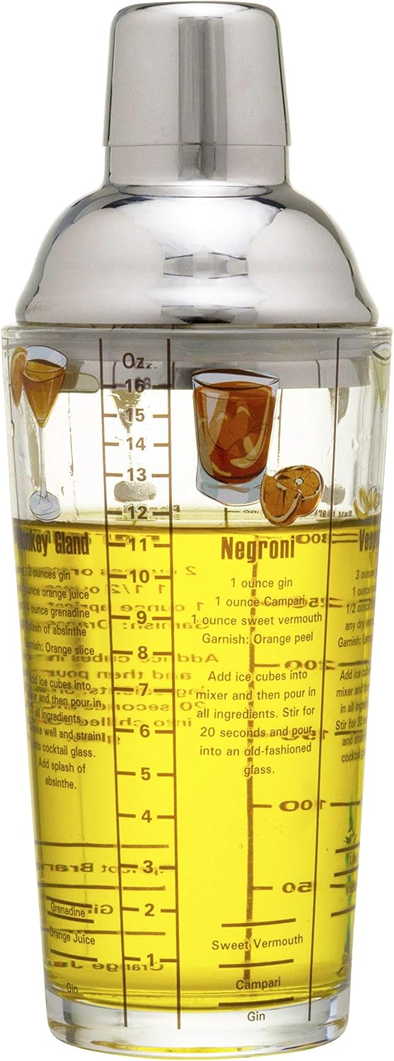 14 oz Recipe Glass Cocktail Shaker With Strainer Top - Includes 6 Cocktail Drink Recipes (Gin Theme)